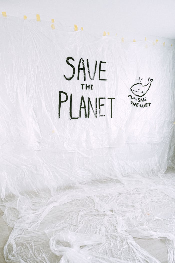 Plastic-covered wall with 'Save the Planet' slogan highlighting environmental awareness.